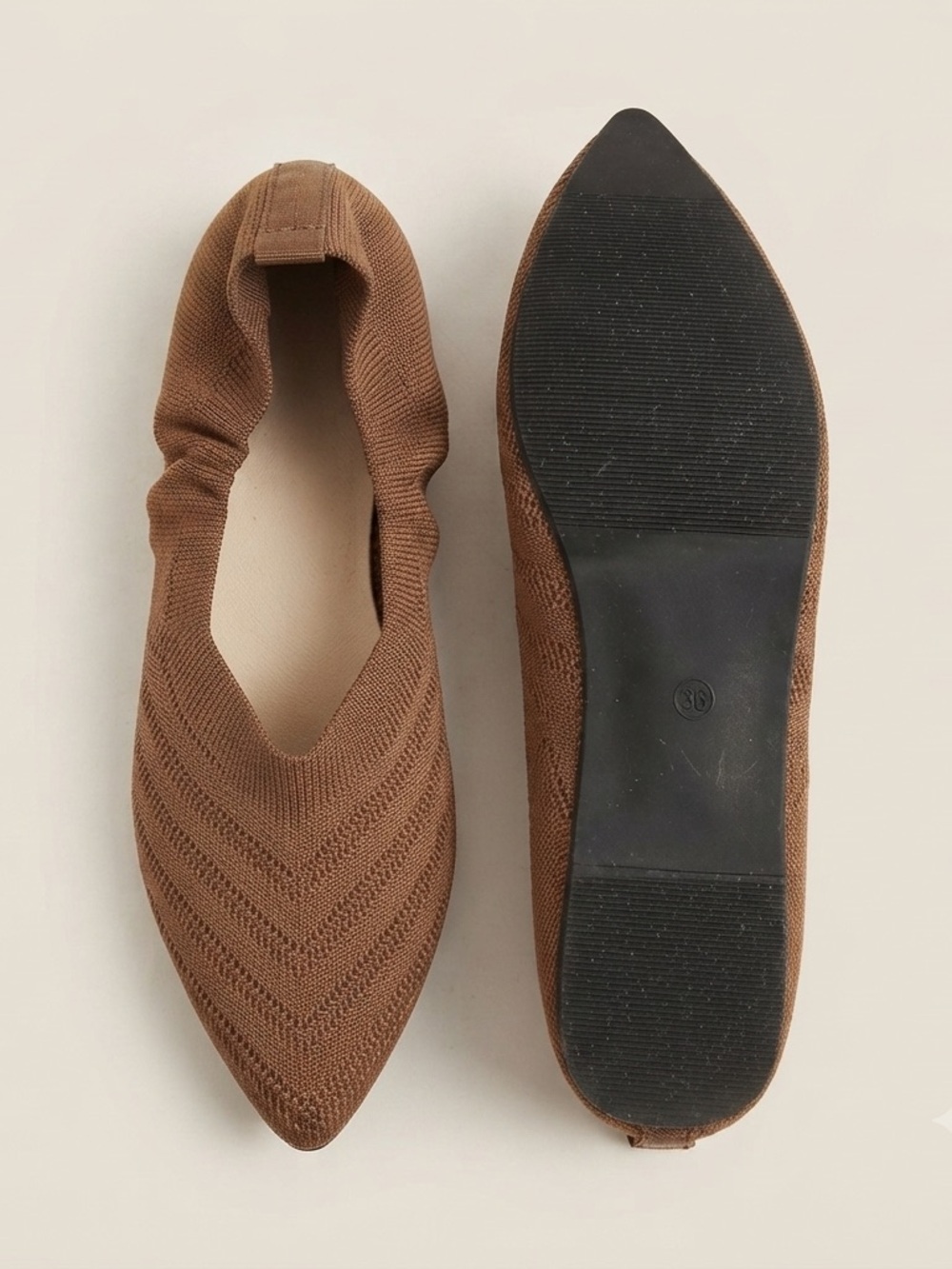 Tan Pointed Toe Chevron Textured Knit Ballet Flats Size 6